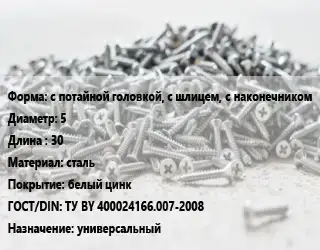 Шуруп с потайной головкой, с шлицем, с наконечником 5х30 сталь белый цинк ГОСТ: ТУ BY 400024166.007-2008 универсальный